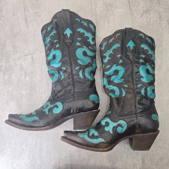 Corral Vintage Western Boots Sz 8 Knee high Brown Aqua Pointed Toe Boho Cowgirl - Picture 6 of 13
